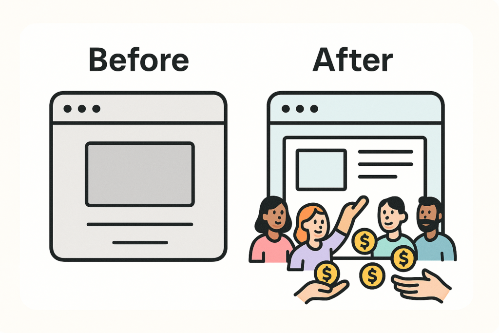 Before-and-after illustration showing a basic website transformed into a revenue-generating site with engaged customers and money flowing to a service business.