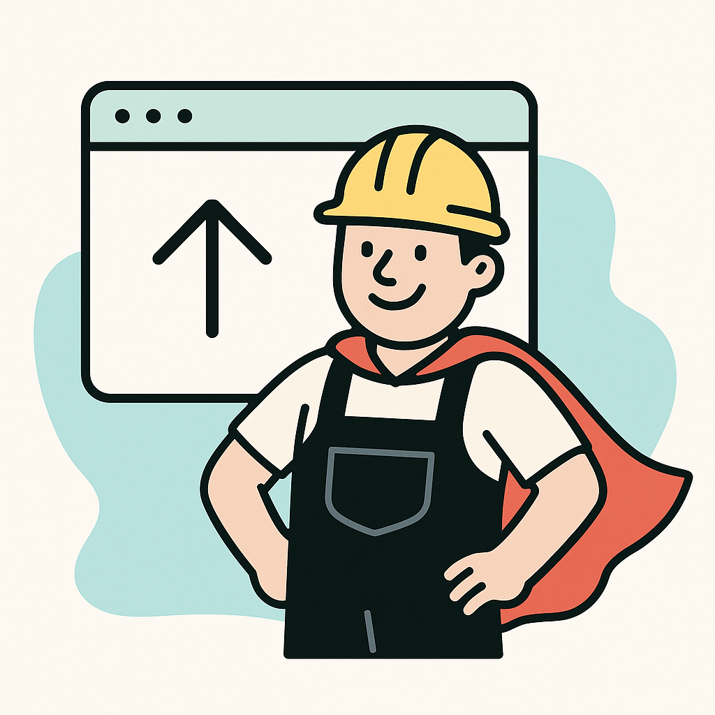 Flat illustration of a smiling construction worker in a yellow hard hat and black overalls, wearing a red cape, symbolizing a hero for website or technical services.